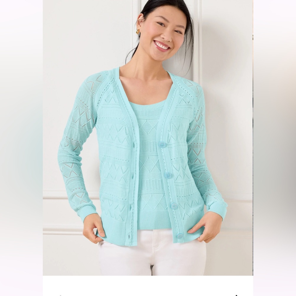 TALBOTS LACE POINTELLE CARDIGAN BLUE ICE PETITE NWT